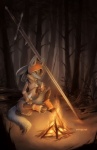 ambiguous_gender anthro blue_body blue_fur bodily_fluids campfire clothing dark detailed_background digitigrade fire fog forest fur grass hood melee_weapon nature outside plant solo spikes sword tears tree weapon white_body white_fur wood zweihander eldrige dark_souls fromsoftware nintendo pokemon canid canine generation_4_pokemon lucario mammal pokemon_(species)