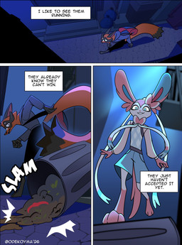 3_panel_comic 3_toes 4_fingers anthro anthrofied bag biped black_body black_bottomwear black_clothing black_ears black_facial_hair black_fur black_hands black_mustache black_nose black_tail_tip black_text blue_body blue_bottomwear blue_clothing blue_ears blue_eyes blue_fur blue_inner_ear blue_shorts blue_sweater blue_sweater_vest blue_topwear blue_vest bottomwear bow_(anatomy) claws clothed clothed_anthro clothed_male clothing detailed_background digitigrade dipstick_tail duo eyebrows facial_hair feet finger_claws fingers fur grey_claws grey_clothing grey_hoodie grey_topwear hoodie leg_markings long_sleeve_shirt looking_back looking_down male markings mustache night open_mouth open_smile outside pink_body pink_clothing pink_ears pink_feet pink_fur pink_hands pink_inner_ear pink_shirt pink_tail pink_topwear pokemorph pseudo_mask pupils red_body red_fur red_nose red_tail ribbons_(anatomy) running shirt shorts smile socks_(marking) sweater sweater_vest tail tail_markings teeth text text_box toes topwear torn_bottomwear torn_clothing trash_bag trash_can vest walking white_body white_eyebrows white_fur white_pupils white_sclera white_text white_text_box yellow_eyes odeko-yma nintendo pokemon pokemon_mystery_dungeon spike_chunsoft pix_(odeko-yma) eeveelution generation_6_pokemon generation_8_pokemon pokemon_(species) sylveon thievul 2026 absurd_res artist_name comic digital_media_(artwork) english_text hi_res