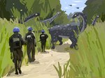 aircraft ambiguous_gender armor clothed clothing cloud eating feral forest glowing glowing_eyes grass group gun headgear helicopter helmet herd long_neck military military_uniform outside peacekeeper plant ranged_weapon rifle scales soldier tree trio uniform united_nations vehicle walking warrior weapon iniemohk cryptid dinosaur human mammal prehistoric_species reptile sauropod sauropodomorph scalie 4:3 absurd_res hi_res