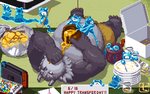 anthro belly bottomwear clothing detailed_background eating electronics food game_console group honey_(food) humanoid_hands kemono male overweight overweight_male shorts nanadragon4 lifewonders nintendo nintendo_switch tokyo_afterschool_summoners tsathoggua_(tas) 16:10 2020 widescreen