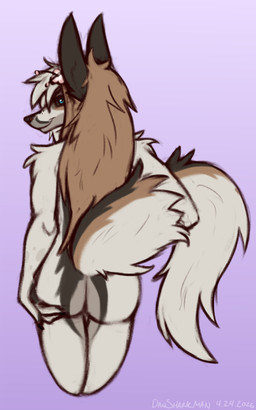 accessory anthro black_body black_fur black_nose black_sclera blue_eyes brown_body brown_fur brown_hair butt butt_grab female flower flower_in_hair fur hair hair_accessory hand_on_butt hand_on_own_butt humanoid_hands long_hair looking_at_viewer looking_back looking_back_at_viewer nude nude_anthro nude_female plant presenting presenting_hindquarters purple_background simple_background smile smiling_at_viewer solo tail tan_body tan_fur dansharkman fex_(silverfoxx747) 2026 5:8 digital_drawing_(artwork) digital_media_(artwork) english_description hi_res