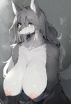anthro areola arm_tuft big_breasts blue_eyes blush bodily_fluids breasts canid canine canis clenched_teeth collarbone cuff_(restraint) cum cum_in_hair cum_on_breasts cum_on_face female fur genital_fluids glistening glistening_breasts grey_body grey_fur grey_hair grey_tail hair handcuffs hi_res huge_breasts kemono looking_at_viewer mammal metal_cuffs multicolored_body nipples pink_areola pink_nipples puffy_areola puffy_nipples pyoin restraints shoulder_tuft simple_background solo tail teeth tuft two_tone_body white_body wolf