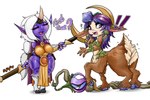 1_horn accessory animal_ears big_breasts breasts brown_body brown_fur clothed clothing dialogue exclamation_point eyelashes eyes_closed female flower flower_in_hair fur hair hair_accessory holding_object holding_staff hooves horn humanoid_pointy_ears leg_markings long_hair markings open_mouth orange_clothing pink_horn plant pointy_ears purple_body purple_eyes purple_hair purple_markings short_stack simple_background small_breasts solo staff tan_body tan_fur tan_skin text thigh_markings white_background white_hair nightlydayart league_of_legends riot_games tencent lillia_(lol) soraka animal_humanoid deer deer_humanoid deer_taur faun horned_humanoid humanoid hybrid mammal mammal_humanoid mammal_taur taur yordle 3:2 absurd_res hi_res