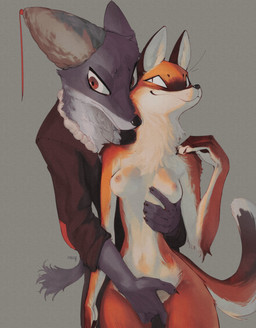 anthro areola black_eyes black_nose breast_grab breast_play breasts brown_body brown_clothing brown_fur clothed clothed_male clothing covering covering_crotch crotch_lines duo female fingering front_view fur grey_background grey_body grey_fur hand_on_breast hand_on_crotch male navel nipples nude nude_female orange_body orange_fur pink_areola pink_nipples pupils red_eyes simple_background size_difference slit_pupils small_breasts smile thick_thighs vaginal vaginal_fingering white_body white_fur wide_hips kirbugo canid canine canis fox mammal wolf absurd_res hi_res