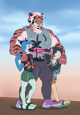 anthro barazoku beachwear beak bracelet clothing eyewear fingerless_(marking) glasses group hug hugging_another hugging_from_behind jewelry male muscular muscular_anthro puff raised_arms shirt sky tank_top topwear trio owy muffin_(owy) owy_(character) alcid avian bird felid feline lari mammal owl puffin absurd_res hi_res
