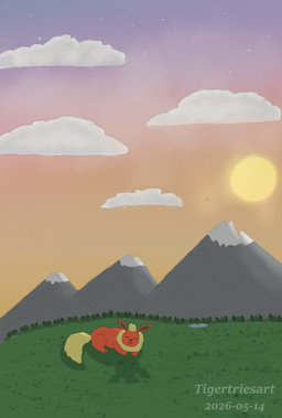 ambiguous_gender cloud detailed_background eyes_closed feral fur grass hair lying mountain on_grass on_ground orange_body orange_fur orange_sky pink_sky plant shadow sky sleeping snow solo star sun sunset tail tan_body tan_fur tan_hair tan_tail tree water tigertriesart nintendo pokemon eeveelution flareon generation_1_pokemon pokemon_(species) hi_res watermark