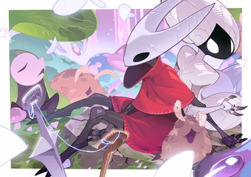 back_to_back biped detailed_background female female/female sitting weapon kyander hollow_knight:_silksong hollow_knight_(franchise) team_cherry hornet_(hollow_knight) lace_(hollow_knight:_silksong) arachnid arthropod flea_(hollow_knight:_silksong) insect spider 2025