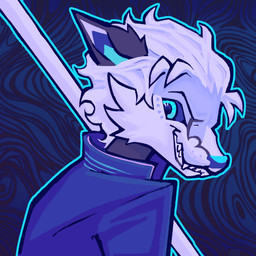 anthro blue_clothing blue_eyes clothing coat confident fangs hair katana looking_back male melee_weapon simple_background slicked_back_hair snarling solo sword teeth topwear trenchcoat weapon white_hair werehouse capcom devil_may_cry vergil_(devil_may_cry) canid canine canis mammal wolf absurd_res bust_portrait hi_res icon portrait