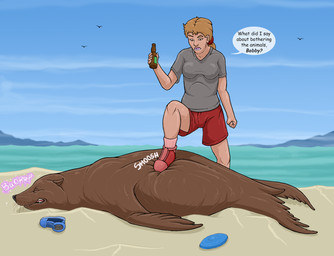 ambiguous_feral ambiguous_gender ambiguous_pred beach belly big_belly bottle bottomwear breasts brown_body brown_fur burping clothed clothing container dialogue duo eyes_closed female female_human feral feral_pred flippers footwear fully_inside fur human_prey outside sea shoes shorts tail talking_to_prey text text_box vore water whiskers strega ambient_bird aquatic human mammal pinniped sea_lion english_text hi_res