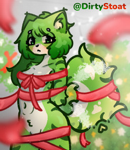 anthro bind christmas_tree female fur gift_wrapped green_body green_eyes green_fur green_hair hair holidays home inside light multicolored_body multicolored_fur plant silly solo tail tree two_tone_body two_tone_fur white_body white_fur dirtystoat christmas new_year ananas