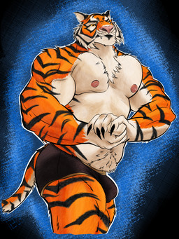 anthro barazoku biceps black_clothing black_stripes black_underwear body_hair bulge clothed clothing fangs fur hands_together happy_trail male muscular muscular_anthro muscular_arms muscular_male navel nipples orange_body pecs serious side_view simple_background solo stripes tail tan_body tan_fur teeth topless underwear underwear_only acrux epic_games fortnite oscar_(fortnite) felid mammal pantherine tiger digital_media_(artwork) hi_res