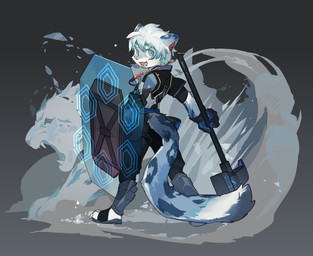 anthro biped black_bottomwear black_clothing black_pants black_shirt black_topwear blue_eyes bottomwear claws clothed clothing countershading dipstick_tail fangs footwear fur furgonomics gloves gradient_background grey_body grey_fur hair hammer handwear holding_hammer holding_object holding_shield holding_tool kemono looking_back male markings multicolored_tail open_mouth open_smile pants sandals shield shirt shoes simple_background smile solo tail tail_markings teeth tools topwear weapon white_body white_countershading white_hair young young_anthro milkybot felid mammal pantherine snow_leopard 2021 hi_res