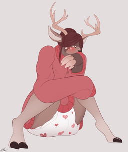 ambiguous_gender anthro blush clean_diaper clothing diaper front_view looking_away print_diaper shy sitting solo spread_legs spreading sweater topwear steelshark deer hybrid mammal pilosan sloth xenarthran absurd_res hi_res
