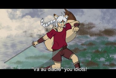 anthro blue_eyes brown_body caption fake_screencap femboy hair long_tail male melee_weapon rapier solo sword tail text weapon white_hair quantum_lapiz alix_cremant canid canine fennec_fox fox mammal true_fox digital_media_(artwork) french_text krita_(artwork) translated nonbinary_(lore)