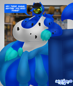 4_fingers anthro big_breasts blue_body blue_fur blue_hair breasts claws clothing cybernetics face_shield female fingers fur hair hoodie huge_breasts long_tail looking_at_viewer machine mask mechanic oil_stain open_mouth protogen_visor resting_arm shirt simple_background solo speech_bubble tail tank_top text topwear welding_mask yellow_eyes sokoyo_owo starry_(sokoyo_owo) canid canine cyborg mammal protogen english_text hi_res