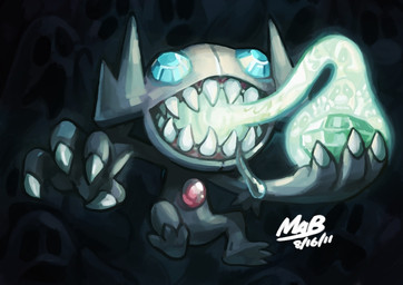 ambiguous_gender blue_eyes bodily_fluids claws diamond_(gem) drooling eating featureless_crotch feral front_view gem gem_eyes group holding_object midair nightmare_fuel nude open_mouth outline plantigrade ruby_(gem) saliva sharp_teeth solo_focus soul soul_stealing soul_vore teeth vore benjma nintendo pokemon generation_3_pokemon pokemon_(species) sableye 2011 digital_media_(artwork)