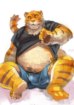 anthro belly bulge clothing humanoid_hands kemono male overweight overweight_male sitting solo underwear syukouakanaru felid mammal pantherine tiger 2015