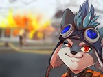 anthro aviator_cap black_nose blue_body blue_fur building clothing detailed_background eyewear fire fire_engine fur goggles hair house house_fire looking_at_viewer male multicolored_body multicolored_fur red_eyes smile smug solo truck_(vehicle) vehicle lukiro dislyte lilith_games brewster_(dislyte) canid canine canis domestic_dog mammal 4:3 digital_drawing_(artwork) digital_media_(artwork) meme