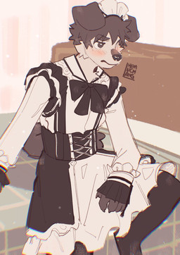 anthro bed black_body black_eyes black_fur black_hair blush clothed clothing crossdressing crossdressing_male floppy_ears fur furniture hair maid_uniform male on_bed sitting sitting_on_bed solo uniform white_body white_fur hemuchang shin_(hemuchang) canid canine canis domestic_dog mammal 2022 hi_res
