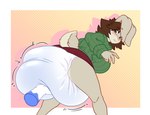 ageplay anthro big_breasts big_diaper blush bottomwear breasts brown_hair butt clothed clothing diaper diaper_check diaper_fetish disembodied_hand female fur green_eyes hair hand_on_diaper huge_breasts huge_diaper infantilism lifting_diaper long_ears looking_back pattern_clothing pattern_sweater pattern_topwear roleplay scut_tail short_tail side_boob simple_background skirt solo striped_clothing striped_sweater striped_topwear stripes surprised_expression sweater tail tan_body tan_fur tan_tail topwear touching_diaper unclean_diaper waterlogged_diaper wearing_diaper floppyearfreak eliza_(hokkigai) lagomorph leporid mammal rabbit absurd_res hi_res