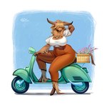 anthro basket big_breasts bottomwear breasts cleavage clothed clothing container denim denim_bottomwear denim_clothing female flower hair hair_over_eyes high_waisted_bottomwear hooves horn jeans long_horn moped motor_scooter motor_vehicle pants plant solo thick_thighs vehicle holivi freya_(wintertopdog) bovid bovine cattle highland_cattle mammal absurd_res digital_media_(artwork) hi_res