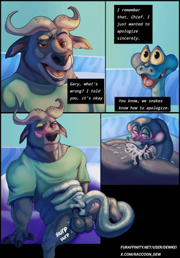 anthro anthro_on_feral anthro_penetrating anthro_penetrating_feral apologetic balls bestiality blue_body blue_scales blush bodily_fluids coiling coiling_another coiling_around_body coiling_around_penis cum cum_in_mouth cum_inside cumshot dialogue duo ejaculation eyes_closed fangs fellatio feral feral_penetrated fur genital_fluids genitals grey_body grey_fur horn hospital_gown male male/male oral penetration penile scales sex teeth text yellow_eyes dewkei disney zootopia chief_bogo gary_de'snake bovid bovine cape_buffalo mammal pit_viper reptile scalie snake viper comic english_text hi_res url