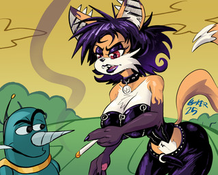 alternative_fashion anthro belt big_breasts black_hair black_nose breasts cigarette clothed clothing collar drill_nose ear_piercing eyeshadow female fur goth grass hair industrial_piercing industrial_piercing_ladder lips machine makeup midriff multicolored_hair navel open_mouth orange_body orange_fur outside piercing plant purple_hair purple_lips red_eyes sharp_teeth shrub sky small_waist solo spiked_collar spikes tail teeth text topwear tube_top two_tone_hair yellow_sky boker adventures_of_sonic_the_hedgehog dic_entertainment sega sonic_the_hedgehog_(series) grounder_(adventures_of_sonic_the_hedgehog) laura_derose bat-eared_fox canid canine fox mammal robot artist_name digital_media_(artwork) signature