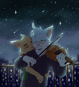 anthro biped bowed_string_instrument clothed clothing duo fluffy fully_clothed hug hugging_another hugging_from_behind male male/male musical_instrument neck_tuft nuzzling romantic romantic_ambiance romantic_couple size_difference string_instrument tuft violin kiyoshi1302 league_of_legends riot_games tencent catnip_(khatnid) fan_character teemo_the_yiffer mammal yordle absurd_res hi_res