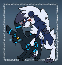 anal anthro blush blush_lines bodily_fluids breath dripping drooling duo feral genital_fluids male male/male motion_lines panting precum precum_drip saliva rustcario nintendo pokemon eeveelution generation_2_pokemon generation_7_pokemon lycanroc midnight_lycanroc pokemon_(species) shiny_pokemon umbreon hi_res