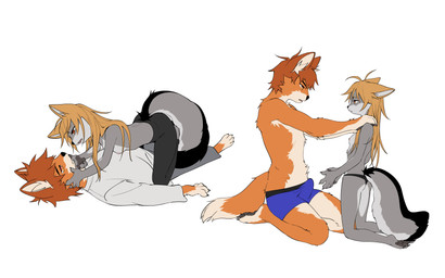 anthro black_clothing black_leggings black_legwear black_nose black_panties black_pawpads black_striped_fur black_tail_tip black_underwear blonde_ears blonde_hair breasts clothing dipstick_tail duo erection erection_under_clothing eye_contact female fur grey_body hair holding_each_other kemono kneeling leggings legwear looking_at_another lying_on_another male male/female markings orange_body orange_ears orange_fur orange_hair panties pawpads red_eyes romantic romantic_couple shirt size_difference small_breasts tail tail_markings tan_body tan_fur topwear underwear white_clothing white_shirt white_topwear gyo_bok canid canine fox grey_fox mammal red_fox true_fox urocyon 16:10 absurd_res hi_res multiple_scenes widescreen