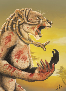 africa anthro blood blood_on_face blood_on_hand bodily_fluids breasts claws dreadlocks ear_piercing ear_ring fangs female nature nature_background open_mouth piercing plant ring_piercing solo sunset teeth tree whiskers felid lion mammal pantherine