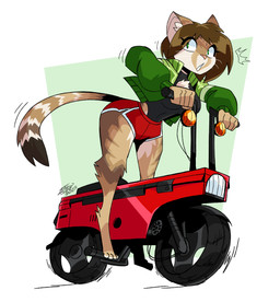 4_toes anthro barefoot bottomwear clothed clothing digitigrade dolphin_shorts feet female jacket leotard looking_at_viewer motorcycle open_mouth paws shorts simple_background solo surprised toes topwear vehicle astroinfinite honda honda_motocompo helia_peppercats domestic_cat felid feline felis mammal absurd_res digital_media_(artwork) hi_res