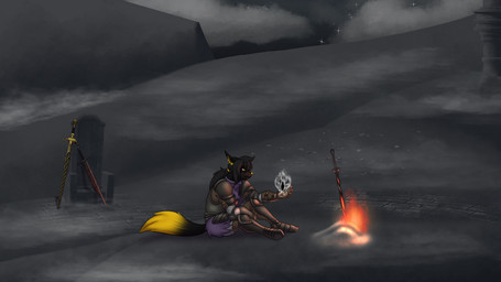anthro armor ashes bonfire clothed clothed_anthro clothed_male clothing fire male male_anthro melee_weapon solo soul sword tail weapon darkshasion_(artist) dark_souls fromsoftware nanu_(dandyrichardcranium) anubian_jackal canid canine canis jackal mammal 16:9 2024 hi_res widescreen
