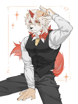 accessory anthro bottomwear clothing eyebrows fur hair horn looking_at_viewer male multicolored_body multicolored_fur necktie orange_eyebrows orange_hair orange_horn orange_tail pants shirt sitting solo tail tan_body tan_fur topwear two_tone_body two_tone_fur vest white_body white_fur white_hair nansing0623 arknights hypergryph studio_montagne hung_(arknights) canid canine canis domestic_dog mammal 2026 3:4 hi_res