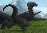 4_toes amber_eyes black_body black_claws black_horn black_scales black_sclera claws featureless_crotch feet feral grass horn lying male on_front plant scales solo toes wings enda_myx mythology dragon mythological_creature mythological_scalie scalie hi_res