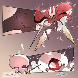 anthro arthropod_abdomen biped black_body black_eyes blush bodily_fluids clothed clothing dialogue duo ellipsis empty_eyes feathers female genitals holding_melee_weapon holding_object holding_weapon looking_at_another melee_weapon monotone_body no_pupils red_clothing simple_background sweat sweatdrop text vulva weapon white_body white_eyes white_head cold-blooded-twilight hollow_knight:_silksong hollow_knight_(franchise) team_cherry hornet_(hollow_knight) lace_(hollow_knight:_silksong) arthropod 1:1 2026 english_text hi_res