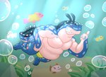 anthro biped blue_body bubble clothed clothing eyeless male markings overweight overweight_anthro overweight_male plantigrade rock simple_background solo speedo swimming swimwear text underwater water white_body yellow_clothing yellow_speedo yellow_swimwear trick_rex aquatic_gastropod fish gastropod marine mollusk sea_slug slug 2023 absurd_res digital_drawing_(artwork) digital_media_(artwork) english_text hi_res huge_filesize signature