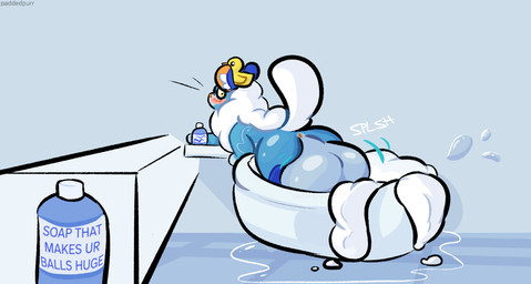 anus balls bath bathing bathroom bathtub big_balls butt butt_focus feral genitals huge_balls hyper hyper_balls hyper_genitalia male soap text paddedpurr domestic_cat felid feline felis mammal english_text