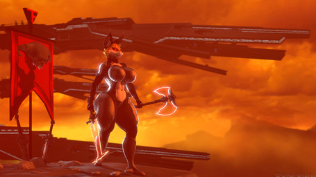 anthro axe belly breasts cliff clothing female flag flag_(object) glowing glowing_eyes melee_weapon red_eyes solo sword weapon ok_bruh warfaremachine_(modeler) nintendo star_fox miyu_(star_fox) warfare_miyu felid feline lynx mammal 16:9 3d_(artwork) digital_media_(artwork) hi_res source_filmmaker_(artwork) widescreen