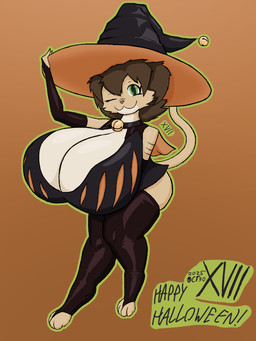 4_toes :3 anthro bell bell_collar big_breasts breasts brown_hair brown_stripes cleavage clothed clothing collar digitigrade feet female fur glistening glistening_clothing green_eyes hair hat headgear headwear huge_breasts hyper hyper_breasts legwear looking_at_viewer one_eye_closed smile solo stockings stripes tan_body tan_fur text toes top_heavy wink winking_at_viewer witch_costume witch_hat xvii_(artist) tammy_(xvii) domestic_cat felid feline felis mammal tabby_cat 2025 3:4 artist_name cel_shading colored shaded