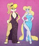 2024 animaniacs anthro black_clothing black_dress blonde_hair blue_eyebrows blue_eyes breasts buckteeth cleavage clothed clothing collarbone dress duo eyebrows eyelashes feet female footwear fur green_eyes hair hands_on_hips high_heels lagomorph leporid lola_bunny looking_at_viewer looney_tunes mammal metalpandora minerva_mink mink mustelid musteline rabbit shoes smile tan_body tan_fur teeth true_musteline warner_brothers white_body white_fur