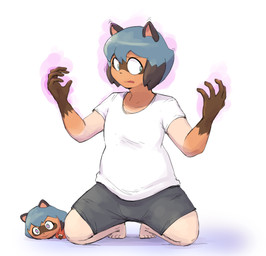 anthro biped blue_hair bottomwear brown_body brown_fur clothing crouching fur hair human_to_anthro male mid_transformation open_mouth plushie shirt short_hair shorts simple_background slightly_chubby solo species_transformation surprised tf_into_fictional_character topwear transformation white_background white_clothing white_shirt white_topwear subakitsu brand_new_animal studio_trigger michiru_kagemori canid canine human mammal raccoon_dog tanuki 2020