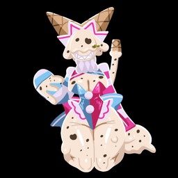 anthro bouncing_breasts breasts cleavage clothed clothing female food frilly frilly_clothing hat headgear headwear ice_cream_cone jester kneeling leotard sharp_teeth smile solo teeth white_body lp8000mao ice_cream_creature 1:1 animated no_sound short_playtime video