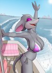 anthro back-tie_bikini back-tie_clothing back-tie_swimwear big_breasts bikini bite boat breasts cleavage clothed clothing creatiffy eyelashes eyes_closed eyeshadow female fur geronimo_stilton_(series) gesture grey_body grey_fur hi_res humor makeup mammal motorboat_(boat) mouse murid murine open_mouth outside pun purple_eyes rat_tail rodent side-tie_bikini side-tie_clothing side-tie_swimwear skimpy sky skyline smile solo string_bikini swimwear tail thea_stilton triangle_bikini two-piece_swimsuit vehicle visual_pun water watercraft waving