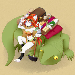 :3 anthro apple belt blue_eyes box breasts clothed clothing container duo eyewear female feral food footwear fruit hair hammer jar leaning legwear looking_at_viewer luggage map plant quadruped red_hair ribbons size_difference socks stirrup_socks stripes sunglasses tail tools whiskers yellow_eyes shakesan felid lagomorph leporid lizard mammal rabbit reptile scalie 1:1
