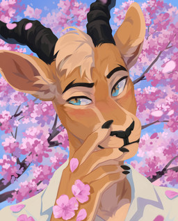 anthro black_claws black_horn black_nose blue_eyes cherry_blossom cherry_blossom_tree cherry_tree claws clothed clothing finger_claws flower front_view fruit_tree fur glistening glistening_eyes hair horn looking_aside male mouth_closed orange_body orange_fur plant prunus_(flower) short_hair solo tan_body tan_fur topwear tree unsigned white_clothing white_topwear corzh77 antelope bovid gazelle mammal absurd_res bust_portrait hi_res portrait