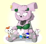 anthro apron belly belly_squish big_teeth bow_ribbon bra clear_amulet clothing dialogue ear_piercing ear_ring fangs female generation_2_pokemon generation_9_pokemon granbull group hand_on_belly hi_res larger_female legwear male manny_mappy mappy_family_the_maushold marie_mappy mark_mappy maushold maushold_(family_of_four) maylu_mappy monterrioashmore muffin_the_granbull nintendo panties piercing pokemon pokemon_(species) ring_piercing simple_background size_difference skirt_only slightly_chubby slightly_chubby_female smile squish stockings teeth torn_clothing torn_legwear torn_stockings underwear womb_tattoo