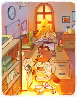 aloha_shirt anthro beverage bottomwear brown_body brown_fur chair chibi clock clothing coffee computer detailed_background duo electronics eyes_closed female flower fur furniture male pattern_clothing pattern_shirt pattern_topwear plant shirt shorts sitting slightly_chubby topwear vickisigh animal_crossing nintendo isabelle_(animal_crossing) tom_nook_(animal_crossing) canid canine canis domestic_dog mammal raccoon_dog tanuki 2020 4:5 hi_res