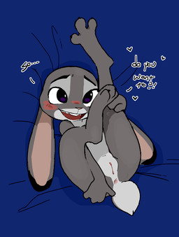 anthro anus blush clitoris dialogue female genitals heart_symbol interrobang lying on_back open_mouth open_smile presenting presenting_anus presenting_vulva raised_leg smile solo talking_to_viewer text vulva paperclip_(artist) third-party_edit disney zootopia judy_hopps european_rabbit lagomorph leporid mammal oryctolagus rabbit color_edit colored english_text hi_res