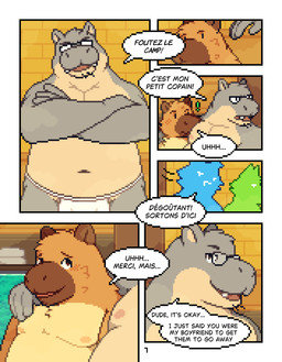 angry anthro belly blush bottomwear clothed clothing dialogue duo eyewear glasses group hand_around_neck hot_spring humanoid_hands inside loincloth loincloth_only male moobs nipples open_mouth overweight overweight_anthro overweight_male partially_submerged smile speech_bubble steam surprised text topless topless_male water conditional_dnp mabit background_character gabe_(mabit) manny_(mabit) capybara caviid common_hippopotamus hippopotamid mammal rodent 2025 comic digital_media_(artwork) english_text french_text hi_res pixel_(artwork) translated